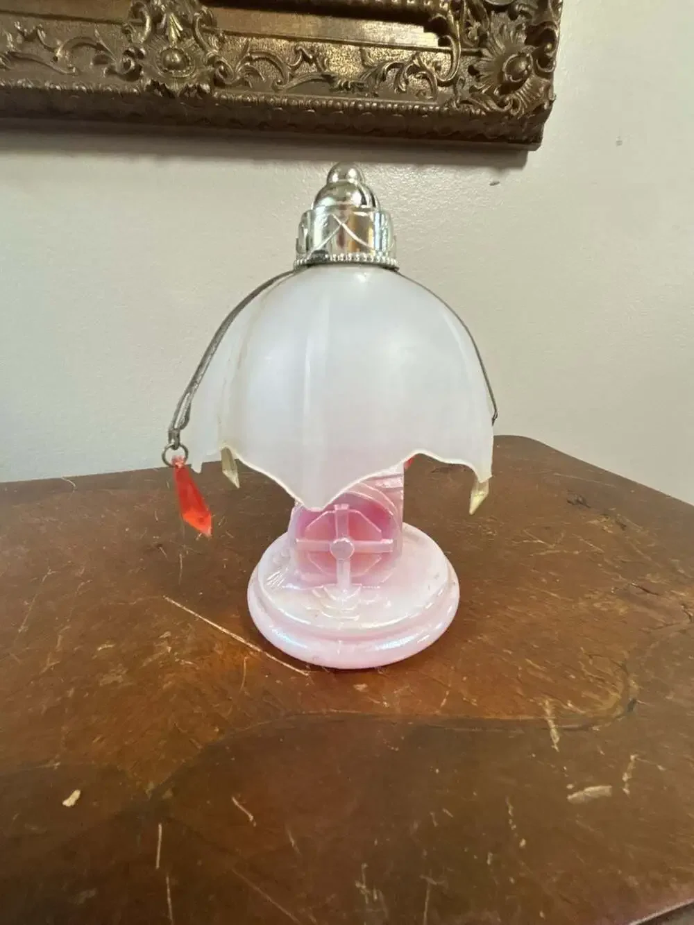 Vintage Pink Iridescent Milk Glass Water Mill Scent Lamp with Shade
